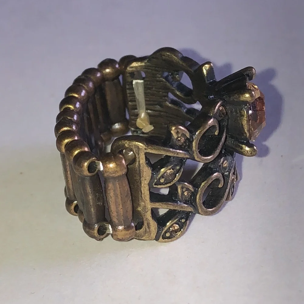Antique Gold Tone Brass Tone Floral Filigree Stretch Ring with Amber Rhinestone
